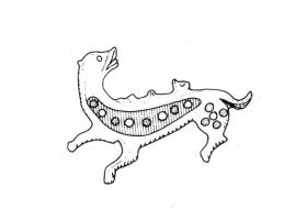 FIB-4175 - Fibule zoomorphe : panthère
bronze
TPQ : 120 - TAQ : 260
Fibule en forme de panthère couchée, à gauche, émaillé, son petit étendu sur son dos, pattes en l'air.