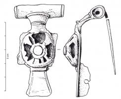 FIB-41791 - Fibule à queue de paon sans arc, dôme ajouré
bronze
TPQ : 1 - TAQ : 100
Fibule à queue de paon, dont le porte-ardillon cylindrique est séparé d'un motif en forme de cône ajouré par une tête moulurée. Porte-ardillon perforé.