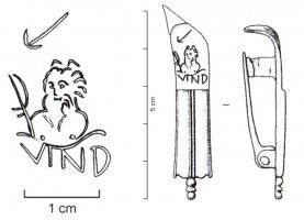 FIB-41862 - Fibule skeuomorphe, canif ou couteau
bronze
TPQ : 100 - TAQ : 260
Fibule en forme de petit couteau à manche court et plat, cannelé, avec une mitre en forme de bouton mouluré ; la lame possède un dos incurvé portant, sur le seul exemplaire connu, un graffite incisé.