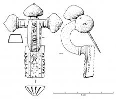 FIB-4266 - Fibule cruciforme de type Keller/Pröttel 5
bronze
TPQ : 350 - TAQ : 415
Fibule cruciforme formée d'éléments assemblés, à arc généralement creux, de section losangique, et plus court que le pied ; ce dernier est orné de séries de peltes latérales;  bulbes en forme d'oignons trapus, eux aussi souvent creux ; possibilité de décor niellé ou doré.