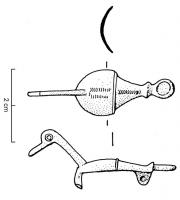 FIB-4304 - Fibule zoomorphe : oiseau
bronze
TPQ : 150 - TAQ : 300
Fibule zoomorphe en forme d'oiseau aux ailes repliées, tête redressée ; le corps ovale et bombé (creux dessous) est séparé en deux parties par un ressaut, et orné de lignes d'arcs de cercles incisés; disque émaillé sur la queue.