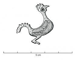 FIB-4342 - Fibule zoomorphe : coq
bronze
TPQ : 120 - TAQ : 300
Coq à droite, le corps creusé de deux grandes loges d'émail superposées; queue en arc de cercle.