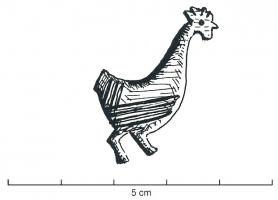 FIB-4343 - Fibule zoomorphe : coq
bronze
TPQ : 120 - TAQ : 300
Coq à droite, le cou allongé, le corps simplement barré de groupes d'incisions parallèles croisées.