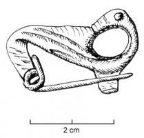 FIB-4346 - Fibule zoomorphe : oiseau
bronze
TPQ : 300 - TAQ : 500
Fibule très stylisée, en forme d'oiseau à droite, retournant la tête en arrière; articulation par ressort.