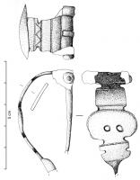 FIB-4475 - Fibule de type Alésia
bronze
TPQ : -60 - TAQ : -20
Fibule de type Alésia, c'est-à-dire à arc plat, charnière repliée vers l'intérieur et pied redressé, généralement percé d'un ornement transversal (bâtonnet, perles...); les contours de l'arc sont ici découpés, interrompus par deux plaques transversales encadrant un disque plat et ovale, percé de deux trous circulaires.