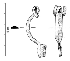 FIB-4489 - Fibule Almgren 16
bronze
TPQ : 75 - TAQ : 175
Fibule à arc de section triangulaire, sans décor autre qu'une simple ligne guillochée sur l'arête; ressort à 4 spires et corde interne; pied trapézoïdal plein.