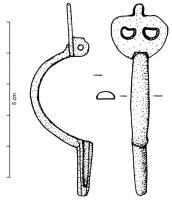 FIB-4503 - Fibule Böhme 22c
bronze
TPQ : 150 - TAQ : 200
Fibule à ressort masqué par une plaque en forme de pelte ajourée; arc étroit à section en D; pied en étui, sans bouton terminal.