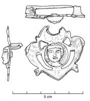 FIB-4529 - Fibule zoomorphe, groupe : dauphins
bronze
TPQ : 25 - TAQ : 75
Broche plate, à décor poinçonné, figurant deux dauphins affrontés de part et d'autre d'un médaillon riveté avec une tête humaine, surmontée d'une pelte.