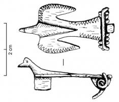 FIB-4597 - Fibule zoomorphe : oiseau
bronze
TPQ : 150 - TAQ : 300
Fibule zoomorphe non émaillée, sans décor circulaire sur les ailes, en forme d'oiseau aux ailes déployées, ailes et queue plates nettement dégagées, la tête redressée. Articulation par ressort monté sur plaquettes.