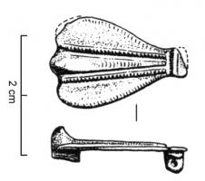 FIB-4616 - Fibule zoomorphe : oiseau
bronze
TPQ : 150 - TAQ : 300
Fibule zoomorphe non émaillée mais étamée, sans décor circulaire sur les ailes, en forme d'oiseau aux ailes refermées, ailes et queue plates nettement dégagées, la tête redressée. Articulation sur plaquettes.