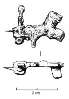FIB-4619 - Fibule zoomorphe, groupe : char monté
bronze
TPQ : 50 - TAQ : 200
Char tiré par un lion, conducteur debout : dans doute une représentation de Dionysos; fibule apparemment non émaillée.