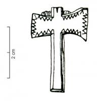 FIB-4817 - Fibule skeuomorphe : hache double
bronze
TPQ : 150 - TAQ : 300
Fibule en forme de hache, à double tranchant, étamée mais non émaillée; le fer peut porte un décor incisé a tremolo.