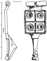 FIB-4909 - Fibule à décor oculé
bronze
TPQ : 40 - TAQ : 150
Fibule à arc formé d'une plaque rectangulaire, décor oculé; le plus souvent deux lignes excisées séparent ce support en quartiers, chaque division étant marquée en son centre par un cercle oculé ou un décor poinçonné ; il arrive que ces quartiers ne soient pas marqués.