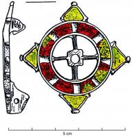 FIB-4925 - Fibule circulaire émaillée
bronze
TPQ : 150 - TAQ : 260
Fibule circulaire ajourée à 4 rayons, comportant une couronne simple émaillée accostée de 4 triangles également émaillés.