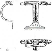 FIB-4951 - Fibule en arbalète
bronze
TPQ : 350 - TAQ : 400
Fibule à arc plat, orné d'une ligne bouletée; la tête est repliée pour recevoir une tige servant de support à un large ressort; le pied très court, est de forme trapézoïdale à base très large ornée d'une ou plusieurs lignes parallèles excisées ; les côtés du pied suivent une ligne concave.