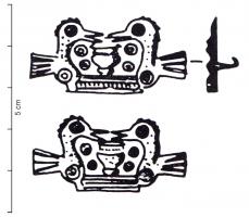 FIB-5271 - Fibule zoomorphe, groupe : oiseaux et vasebronzeTPQ : 450 - TAQ : 550Deux oiseaux affrontés de part et d'autre d'un vase.