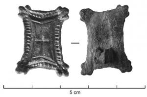 FIB-6048 - Fibule rectangulairebronzeTPQ : 800 - TAQ : 900Fibule plate, rectangulaire à bords droits ou parfois concaves, angles souvent en forme de fleurons, ou ornés de cercles oculés; décors incisé et/ou excisé, composé de motifs simples : bandes alternées, croix, incisions, cerces oculés, parfois agencés avec des pétales radiants. Surface parfois étamée.