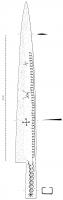 FRD-9001 - Fauchard
fer
Arme à tranchant rectiligne et dos courbe ; extrémité à double tranchant, de section losangique ; douille de section rectangulaire partiellement ouverte en formant un décor à base de demi-cercles ; lame ornée de motifs isolés et d'une ligne d'oves le long du dos.