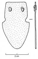 FRT-4011 - Ferret de ceinture
bronze
Ferret de ceinture en deux parties identiques, rivetées au sommet, la plaque arrière étant une simple tôle de la forme du pendant : foliacé, large et sans bouton terminal.