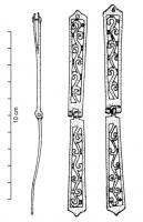 FRT-4034 - Ferret de ceinture
argent
Ferret composé de deux éléments identiques, articulés par une charnière, l'élément supérieur étant simplement fendu au sommet pour fixation rivetée sur la lanière; décor ajouré comprenant une succession d'ondes dégagées par découpe.