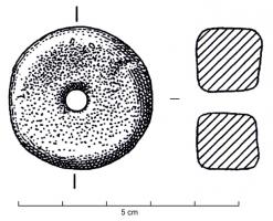 FUS-1006 - Fusaïole cylindrique
terre cuite
Fusaïole cylindrique aux deux faces planes, inornée.