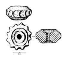 FUS-2022 - Fusaîole à profil facetté.
terre cuite
Fusaîole à profil facetté, faces supérieure et inférieure concaves, ornée d'impressions.