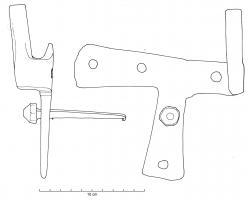 GND-4005 - Gond, partie mâle
fer
Gond de porte : partie massive fixée dans le montant, sous la forme d'un axe vertical, de section ronde, prolongé par deux pattes perpendiculaires, percées de trous de fixation.