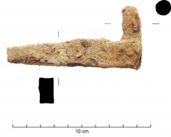 GND-8001 - Gond, partie mâle
fer
Tige massive de section circulaire avec une fiche trapézoïdale allongée, à angle droit. Une encoche peut être lisible entre le gond et sa fiche.