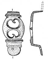 GOB-4003 - Anse de chope en bois
bronze
Ce type d'anse semble devoir être riveté ou cloué sur un récipent en bois; une partie centrale à décor de volutes affrontées ajourées forme un pontet au-dessus de deux appendices symétriques.