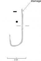 HAM-8001 - Hameçon
fer
Objets se présentant sous la forme une tige tréfilée de section circulaire. L’extrémité distale est effilée et recourbée, formant des angles adoucis plutôt qu’une courbe régulière. L’extrémité proximale est aplatie et élargie, de section méplate. Les objets peuvent être étamés, ce procédé agissant comme un traitement anti-corrosion sur les ferreux.