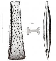 HCH-1044 - Hache à rebords : grand type médocain
bronze
Hache de type atlantique, massive, de très grande taille (180 à 220 mm) à sommet étroit ; bords droits ou légèrement concaves ; tranchant rectiligne ou légèrement convexe, peu évasé; décor de grandes cannelures sur la lame ou sur les flancs, décor par martelage, etc...