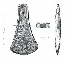 HCH-1068 - Hache à légers rebords : variante atlantique du type de Rousson
bronze
Hache de taille modeste, à légers rebords s'estompant vers le sommet et le tranchant. Le sommet, parfois encoché, est étroit. Tranchant évasé nettement curviligne et concavité prononcée des côtés.