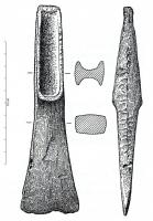 HCH-1070 - Hache à talon : type du Centre-Ouest
bronze
Hache à talon, à large lame trapézoïdale au tranchant plutôt rectiligne ; talon à gorges profondes à fond plat ou arrondi et terminées par une butée pratiquement plane, faisant un angle obtus avec le fond du talon. La lame est souvent ornée d'une arête médiane.
