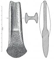 HCH-1091 - Hache à ébauche de butée : ressaut
bronze
Hache à rebords caractérisée par une ébauche de butée en partie médiane. Cette ébauche de butée, perpendiculaire à l'axe de la hache, se présente sous forme d'un ressaut marquant un changement d'épaisseur de la lame.