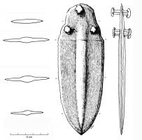 HLB-1001 - Hallebarde à renflement médian étroit
bronze
Hallebarde à lame coulée, sommet à languette trapézoïdale ou arrondie, avec  trois gros rivets ; pointe en ogive ou subtriangulaire, avec un renflement médian étroit, estompé à l'emmanchement ; tranchants souvent distincts.