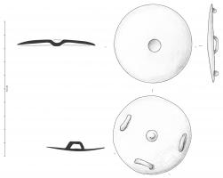 JHA-4071 - Jonction de harnais
bronze
Jonction de harnais en forme de phalère circulaire légèrement bombée, dépression centrale ; au revers, trois bélières.