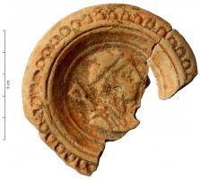 LMP-41908 - Lampe : Buste de Mercure
terre cuite
TPQ : 1 - TAQ : 200
Lampe moulée, sans anse, réservoir à profil convexe, épaule penchée vers l'extérieur et pouvant être orné d'une bande d'oves; médaillon concave, limité par un cercle en creux et figurant, inscrit dans un cercle en relief, un buste de Mercure vers la droite, coiffé du pétase ailé, caducée émergeant derrière la nuque. Pâte jaune paille très épurée, engobe orangé peu adhérent.