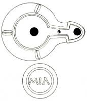 LMP-42327 - Lampe de firme : MIA
terre cuite
TPQ : 50 - TAQ : 150
Lampe moulée sans anse. Réservoir circulaire. Trois tenons rectangulaires non percés, sur l'axe horizontal. Disque en cuvette profonde bordée par un bourrelet interrompu au niveau du bec, par un canal en U percé d'un trou d'évent. Bec long dont le canal s'arrête au méplat. Base circulaire plate en creux limitée par deux anneaux concentriques enfermant la marque MIA en relief.