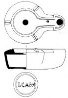 LMP-42333 - Lampe de firme : LCASSI
terre cuite
TPQ : 90 - TAQ : 200
Lampe moulée sans anse: le réservoir circulaire est de profil biconvexe asymétrique; bandeau penché vers l'extérieur portant trois tenons rectangulaires non percés, sur l'axe horizontal. Disque creux, plat et peu profond, bordé par un bourrelet continu. Bec long au petit canal non communiquant avec le disque, chanfreiné sur les côtés. Base circulaire plate en creux limitée par deux anneaux concentriques enfermant l'estampille moulée LCASSI en relief.