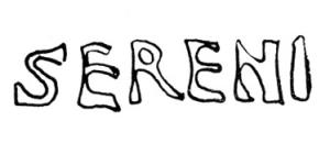 LMP-42452 - Lampe de firme : SERENI
terre cuite
TPQ : 50 - TAQ : 100
Lampe moulée sans anse. Réservoir circulaire de profil biconvexe asymétrique. Bandeau penché vers l'extérieur porte deux ou trois tenons rectangulaires non percés, sur l'axe horizontal. Bec en ogive et canal ouvert percé d'un trou d'évent. Disque lisse. Base circulaire plate en creux limitée par deux anneaux concentriques enfermant la marque SERENI en relief.