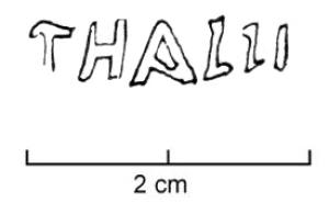 LMP-42454 - Lampe de firme : THALLI
terre cuite
TPQ : 50 - TAQ : 150
Lampe moulée sans anse: le réservoir circulaire est de profil biconvexe asymétrique; bandeau penché vers l'extérieur portant deux tenons rectangulaires non percés, sur l'axe horizontal. Disque en cuvette profonde bordée par un bourrelet continu. Bec à canal de type indéterminé. Base circulaire plate en creux limitée par deux anneaux concentriques enfermant l'estampille moulée THALLI en relief. Engobe rouge brique peu adhérent.