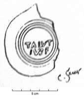 LMP-42560 - Lampe de firme : TALVT / IVS F
terre cuite
TPQ : 50 - TAQ : 200
Lampe de firme (sans doute à canal ouvert) marquée sous le fond : TALVT / IVS F(ecit).