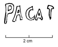 LMP-42585 - Lampe de firme : PACAT
terre cuite
TPQ : 50 - TAQ : 150
Lampe à bec en ogive et canal  ouvert (Loeschcke X) ; disque lisse et plat, avec ou sans engobe orangé ; au revers, marque moulée en relief PACAT.