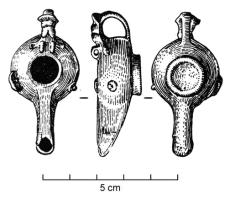 LMP-42671 - Lampe
bronze
TPQ : 350 - TAQ : 500
Lampe à corps biconique, bec très allongé, trou de remplissage central et étroit, protégé par un couvercle à charnière. Anse verticale, adossée à un anneau et surmontée d'un motif mouluré.