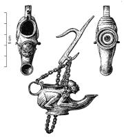 LMP-42672 - Lampe zoomorphe : singe chevauchant
bronze
TPQ : 1 - TAQ : 500
Lampe plastique en forme de singe chevauchant le réservoir, les deux mains plaquées de part et d'autre du bec.