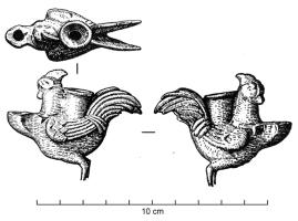 LMP-42673 - Lampe zoomorphe : coq
bronze
TPQ : -30 - TAQ : 300
Lampe plastique, en forme de coq ; le bec émerge devant le cou du volatile, sous sa tête.