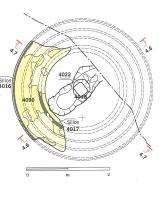 MLX-6001 - Malaxeur mécanique à mortier
bois
Malaxeur mécanique à mortier constitué d'une fosse circulaire peu profonde, nue ou boisée, dans laquelle un pivot central permettait de mettre en mouvement un bras portant des pales mélangeant le sable, la chaux et l’eau. Un bâti périphérique sur poteaux pouvait conforter la structure. À la fouille, ce dispositif est identifiable par un grand disque de mortier (jusqu'à 4 m de diamètre) dont la surface a fossilisé les sillons concentriques laissés par les pales verticales ou inclinées et un trou central.
Variante A : pivot central fixe, planté dans le sol.
Variante B : pivot central mobile, disposé sur un support rigide au fond de la fosse.