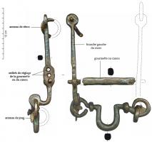 MRS-3008 - Mors de bride
fer
Mors de bride composé de deux branches terminées en crochet et pourvues de trois œillets de réglage de la gourmette, constitué d'une simple barre rectiligne ; le sommet comporte un œillet destiné à l'anneau de rênes. Le canon comporte un passage de langue formant une boucle arrondie vers l'avant, et accostée de deux olives roulant sur le canon, qui assurent le confort de la monture.