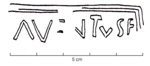 MRT-4053 - Jatte ou mortier : AVENTVS F
terre cuite
Jatte ou mortier à lèvre épaissie et déversée ; bec verseur ; marque estampée sur le bec : AVENTVS F.