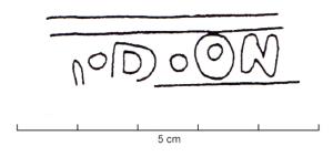 MRT-4057 - Jatte ou mortier : [---]D.ON[---]terre cuiteJatte ou mortier à lèvre épaissie et déversée ; bec verseur ; marque estampée sur le bord :  [---]D.ON[---].